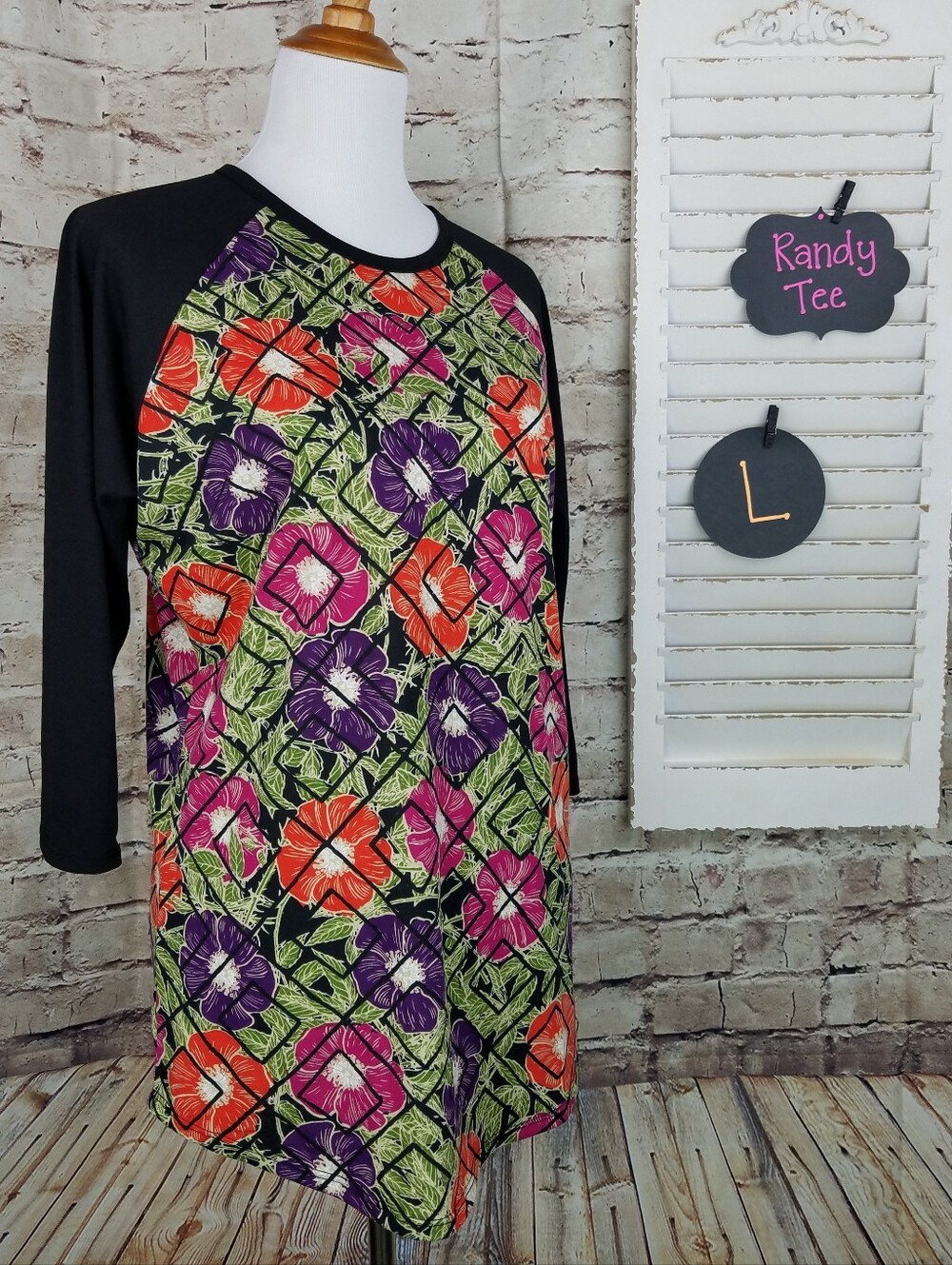 Raglan Tee - Black with Pink, Purple & Orange Flowers